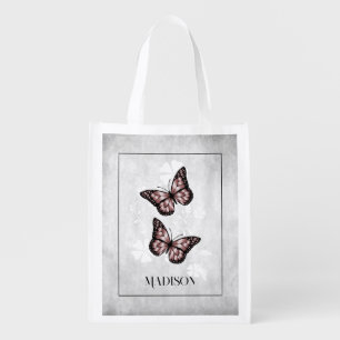 Pink Butterfly Floral Personalized Grocery Bag
