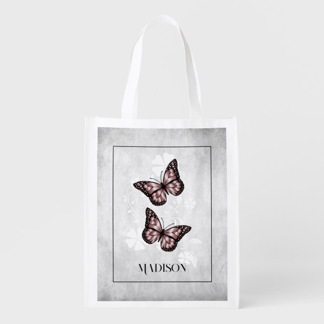 Pink Butterfly Floral Personalized Grocery Bag (Front)
