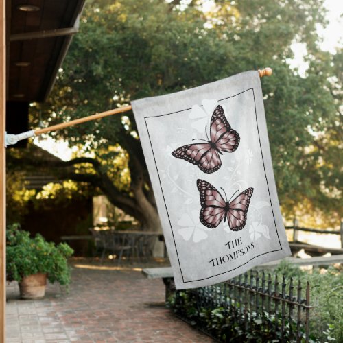 Pink Butterfly Floral Personalized House Flag