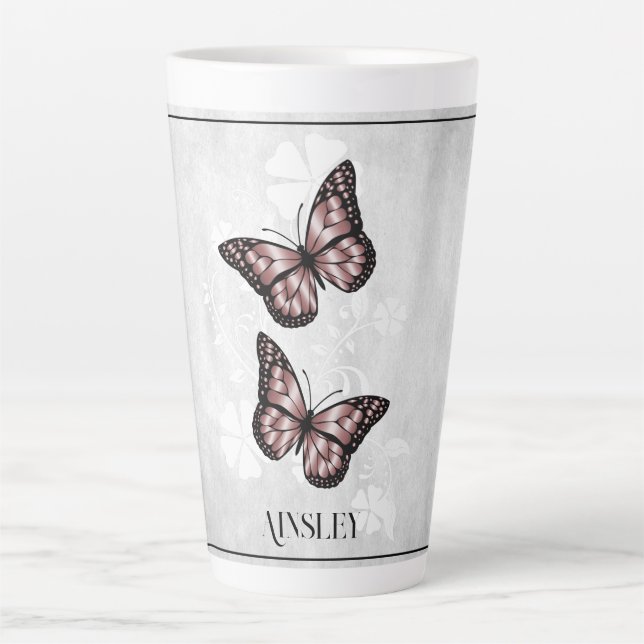 Pink Butterfly Floral Personalized Latte Mug (Front)