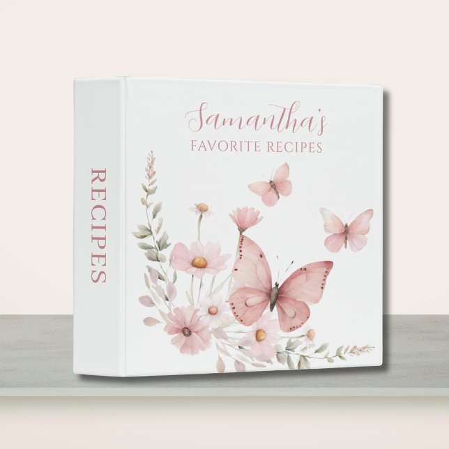 Pink Butterfly Floral Personalized Recipe 3 Ring Binder (Creator Uploaded)