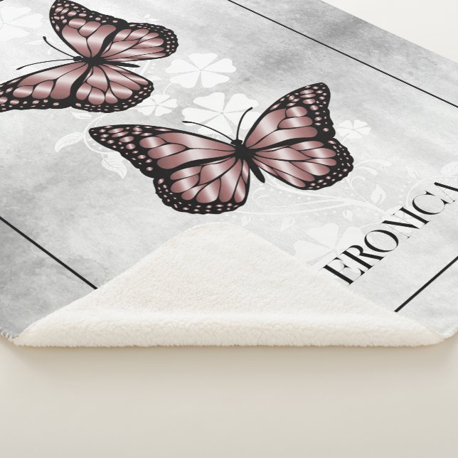 Pink Butterfly Floral Personalized Sherpa Blanket (3/4)