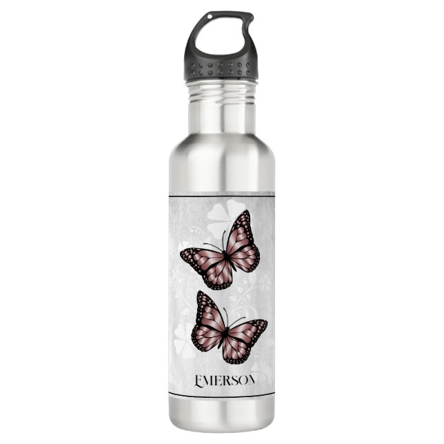 Pink Butterfly Floral Personalized Stainless Steel Water Bottle (Front)