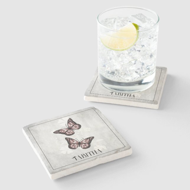 Pink Butterfly Floral Personalized Stone Coaster (Side)