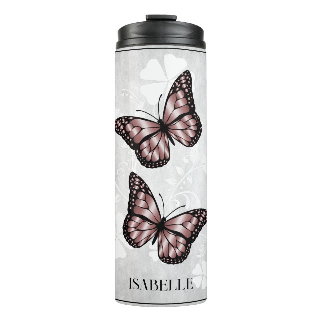 Pink Butterfly Floral Personalized Thermal Tumbler (Front)