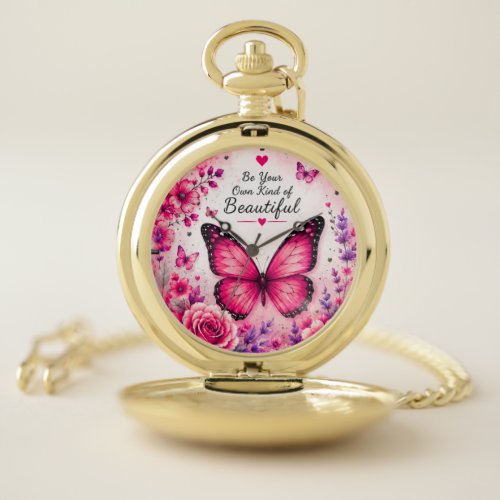 Pink Butterfly Floral Pocket Watch for Women