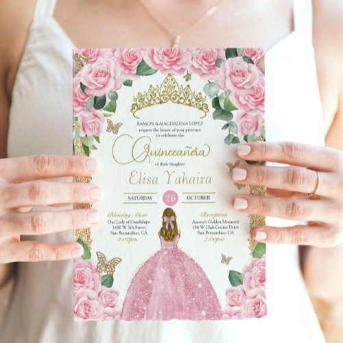 Pink Butterfly Floral Princess Dress Quinceanera Invitation