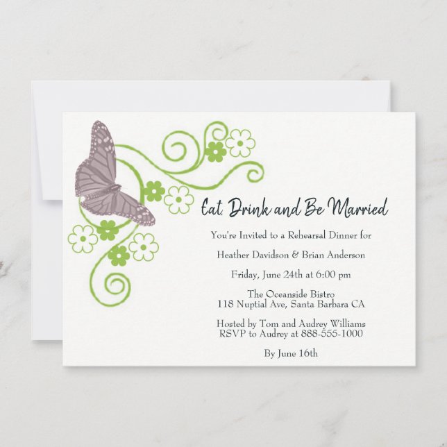 Pink Butterfly Floral Rehearsal Dinner Invite (Front)