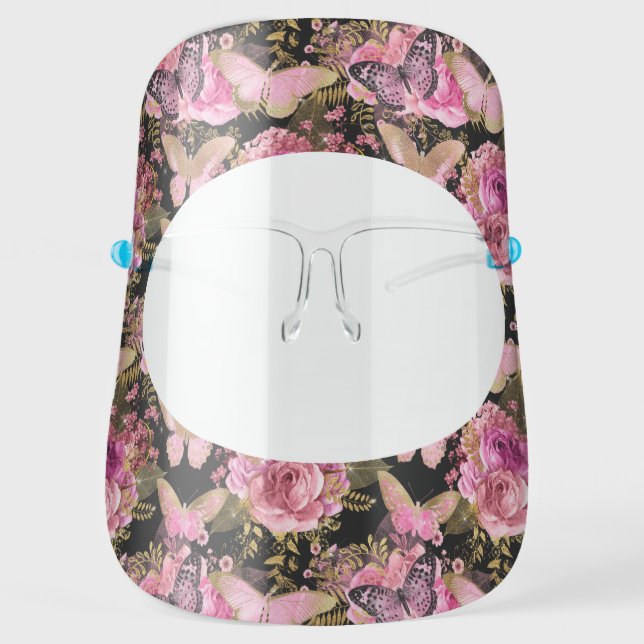 Pink Butterfly Floral Rose Flowers Face Shield (Front)