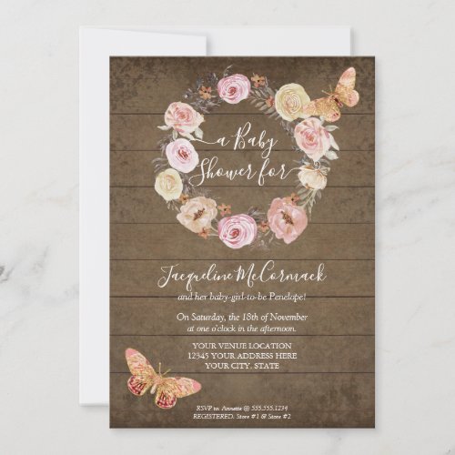 Pink Butterfly Floral Rustic Wood Wreath Baby Girl Invitation