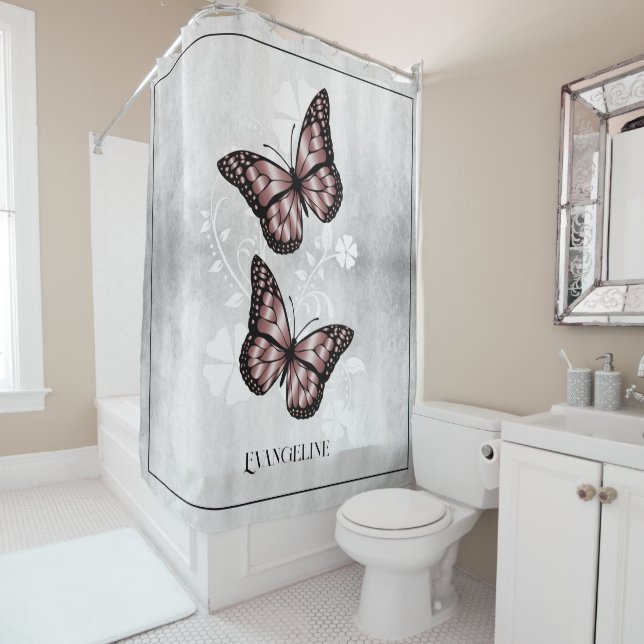 Pink Butterfly Floral Shower Curtain (In Situ)
