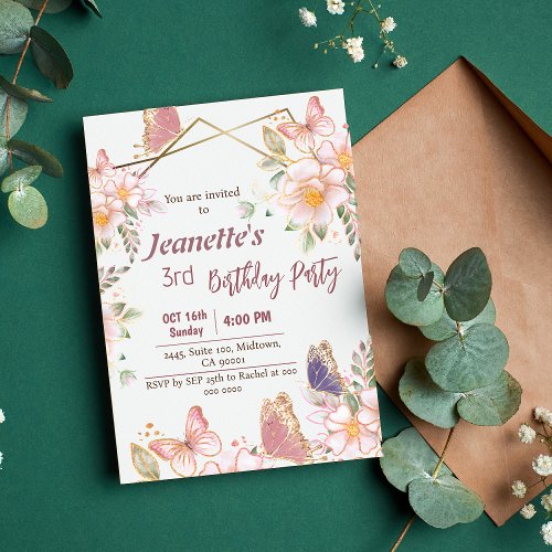 Pink butterfly floral themed 3rd birthday  invitation