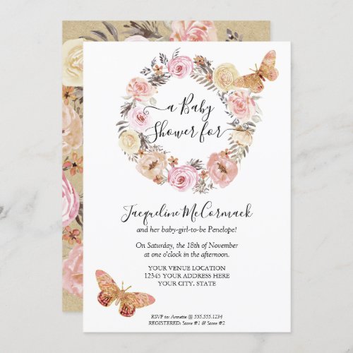 Pink Butterfly Floral Watercolor Wreath Baby Girl Invitation