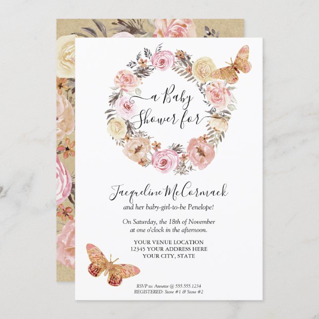 Pink Butterfly Floral Watercolor Wreath Baby Girl Invitation (Front/Back)