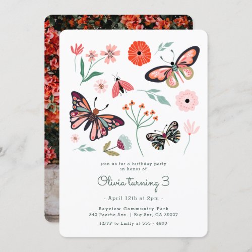 Pink Butterfly Flower Birthday Invitation