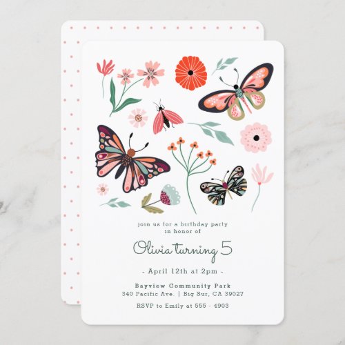 Pink Butterfly Flower Birthday Invitation