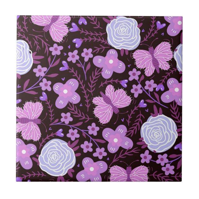 Pink Butterfly Flower Ceramic Tile (Front)