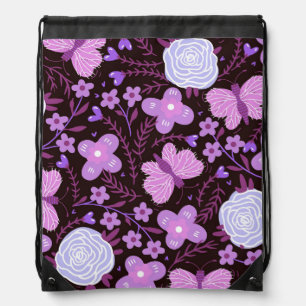 Pink Butterfly Flower Drawstring Bag