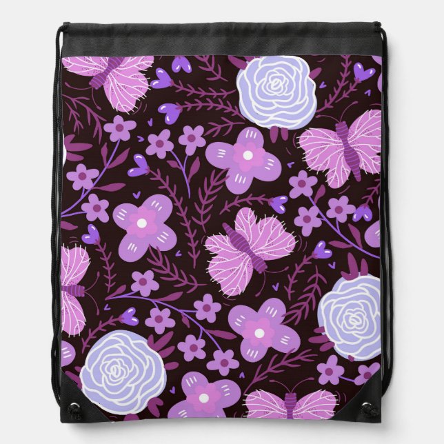 Pink Butterfly Flower Drawstring Bag (Front)