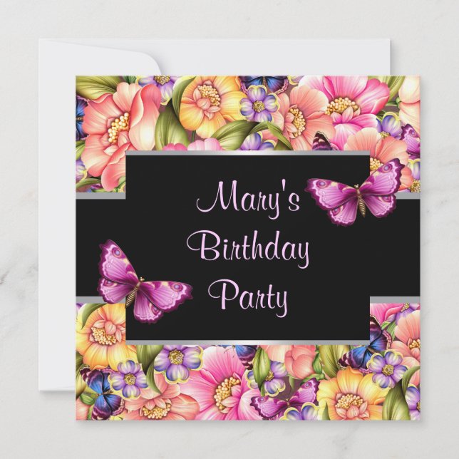 Pink Butterfly Flowers Womans Birthday Party Invitation (Front)
