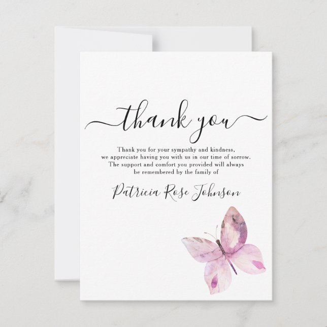Pink Butterfly Funeral Memorial Thank You Note Card (Front)