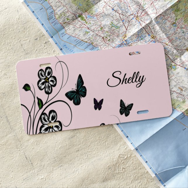 Pink Butterfly Garden Personalized License Plate (In Situ)