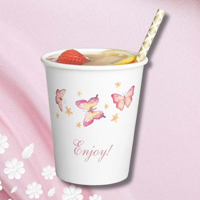Pink Butterfly Girl 1st Birthday Party Paper Cups (Creator Uploaded)