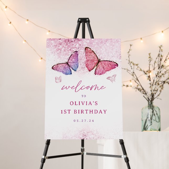 Pink Butterfly Girl 1st Birthday Welcome Sign (In Situ (Stand))