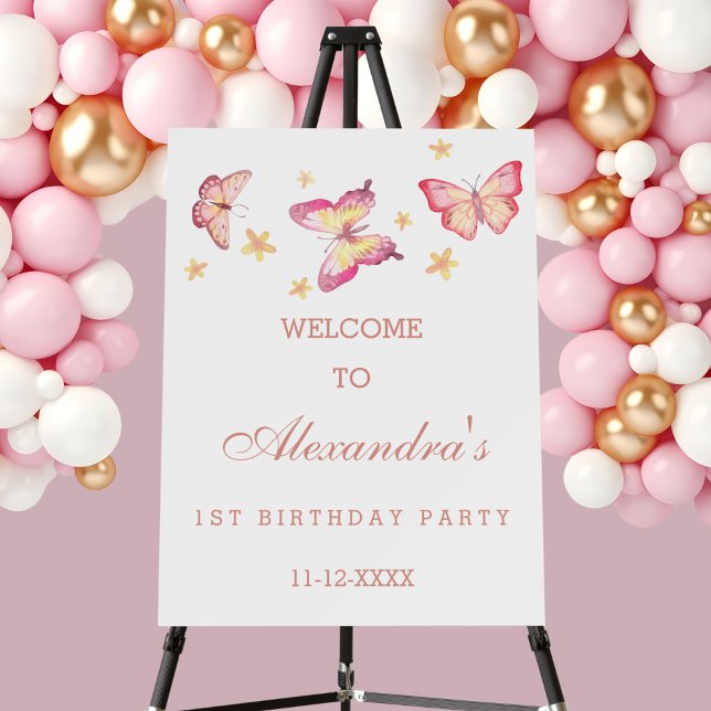 Pink Butterfly Girl 1st Birthday Welcome Sign (Creator Uploaded)