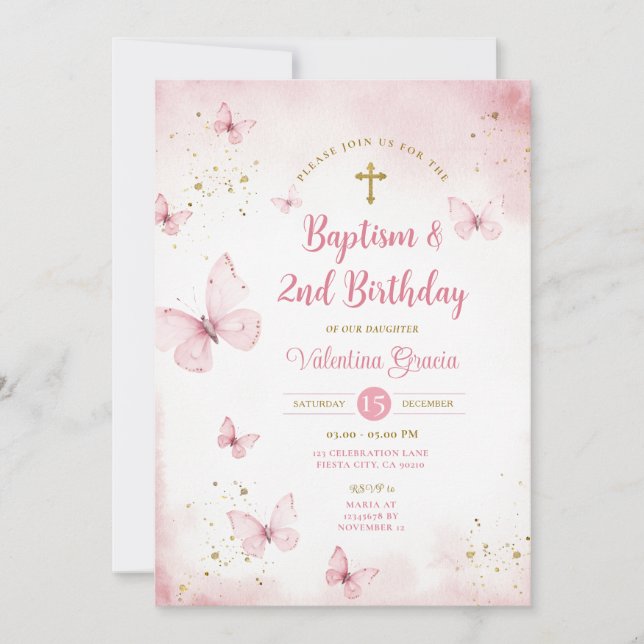 Pink Butterfly Girl 2nd Birthday Baptism Cross Invitation (Front)