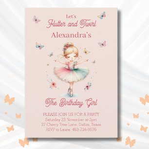 Pink Butterfly Girl Ballerina Birthday Party Invitation