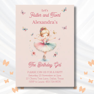 Pink Butterfly Girl Ballerina Birthday Party Invitation