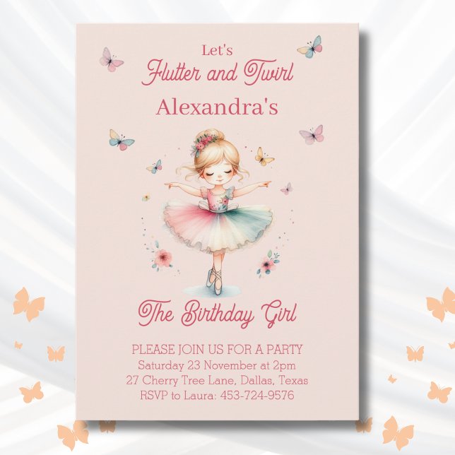 Pink Butterfly Girl Ballerina Birthday Party Invitation (Creator Uploaded)