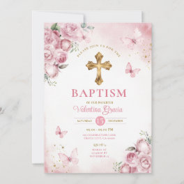 Pink Butterfly Girl Baptism Gold Cross Flowers Invitation
