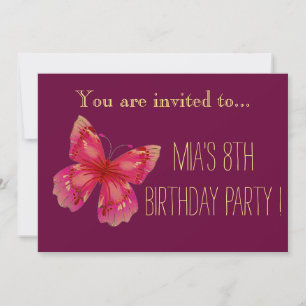Pink butterfly girl or tween birthday party invitation