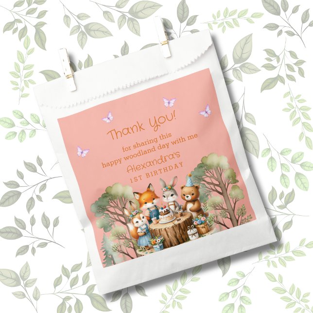 Pink Butterfly Girl Woodland Animals 1st Birthday Favor Bag (Creator Uploaded)