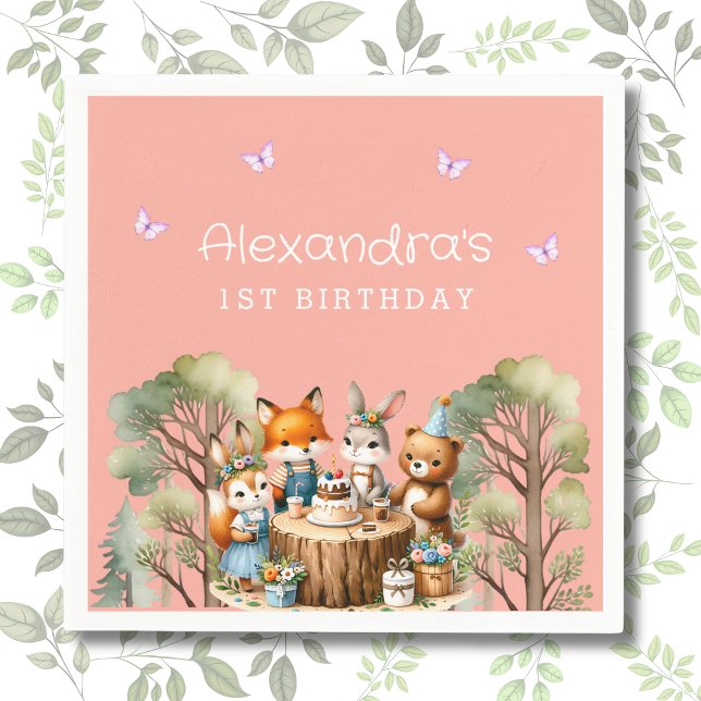 Pink Butterfly Girl Woodland Animals 1st Birthday Napkins (Creator Uploaded)