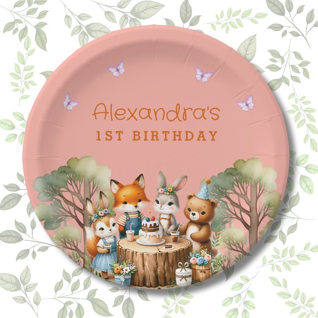 Pink Butterfly Girl Woodland Animals 1st Birthday Paper Plates (Creator Uploaded)