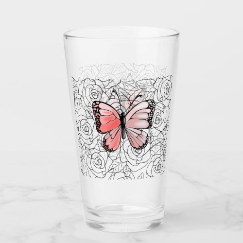 Pink Butterfly Glass with Roses