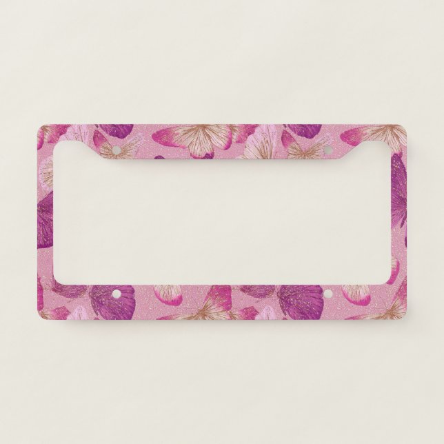 Pink Butterfly Glitter Seamless Pattern License Plate Frame (Front)