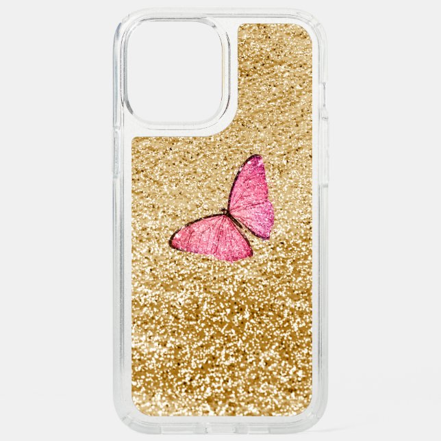 Pink Butterfly, gold sparkle and glitter,  Speck iPhone 12 Pro Max Case (Front)