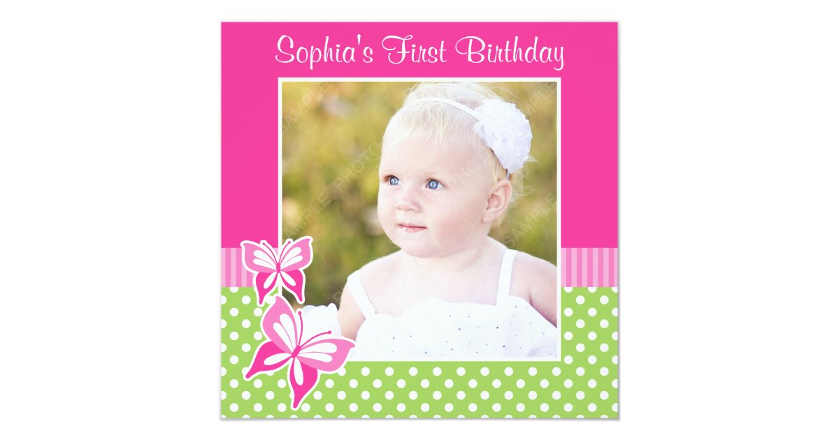 Pink Butterfly Green Polka Dot 1st Birthday Photo Card | Zazzle