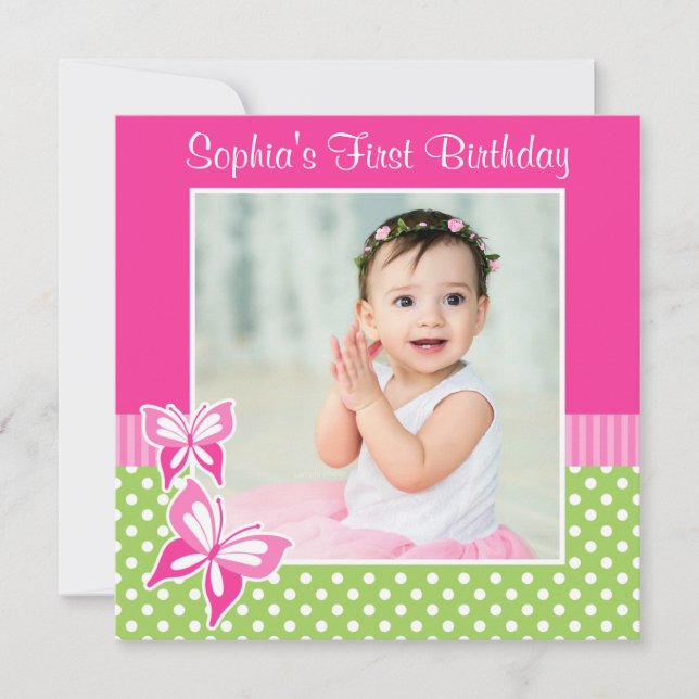 Pink Butterfly Green Polka Dot 1st Birthday Photo Invitation (Front)