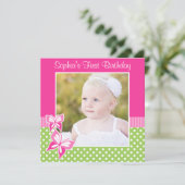 Pink Butterfly Green Polka Dot 1st Birthday Photo Invitation (Standing Front)