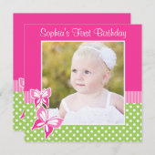 Pink Butterfly Green Polka Dot 1st Birthday Photo Invitation (Front/Back)