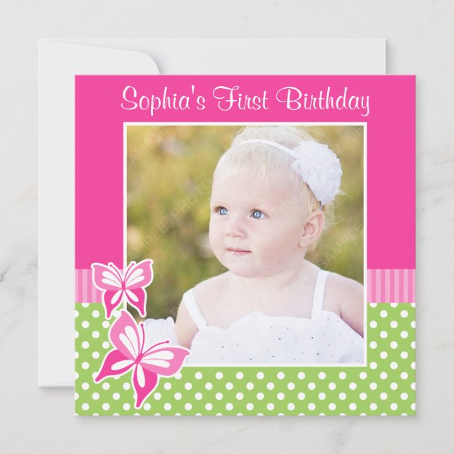 Pink Butterfly Green Polka Dot 1st Birthday Photo Invitation (Front)