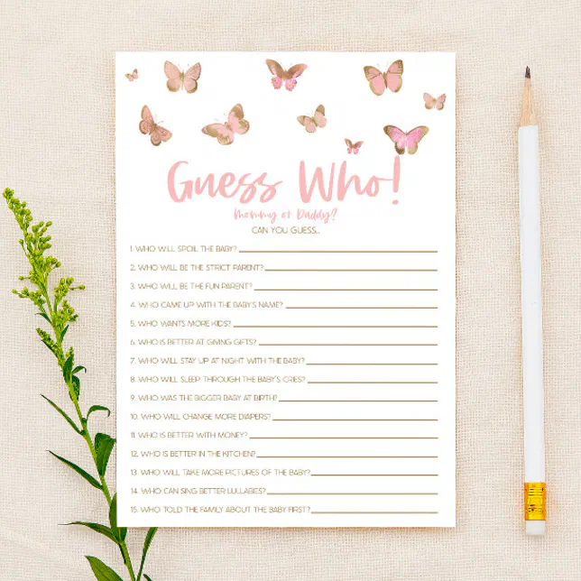 Pink Butterfly Guess Who! Baby Shower Game Stationery Zazzle