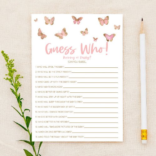 Pink Butterfly Guess Who Baby Shower Game Stationery