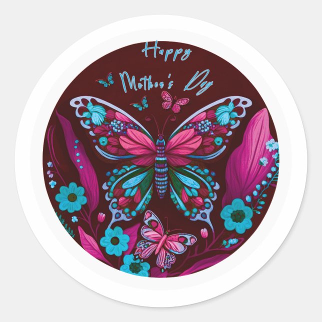 pink butterfly Happy Mother's Day Stickers (Front)
