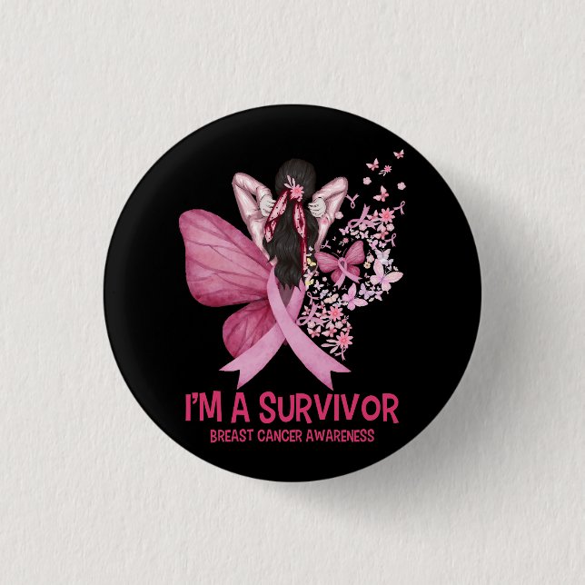 Pink Butterfly Heart I'm A Survivor Breast Cancer  Button (Front)